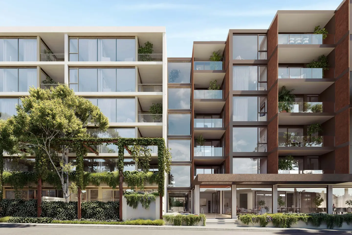 Artist impression of the Motif main entrance on York Street, apartments above street trees and a landscaped verge