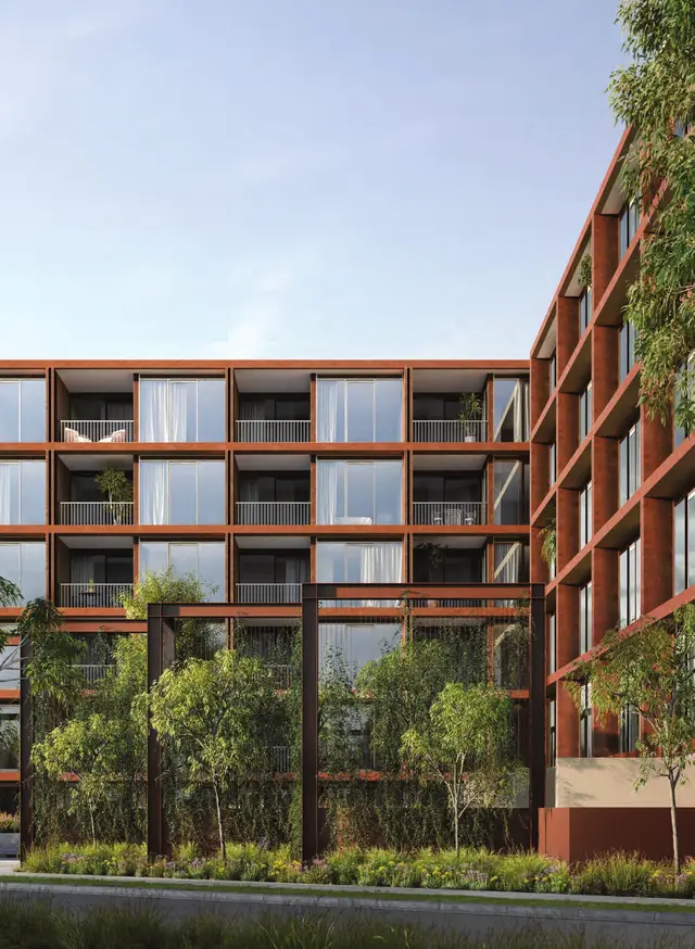 Artist impression of Motif, five corten and glass apartment floors above landscaped gardens at 1 York Street, Geelong