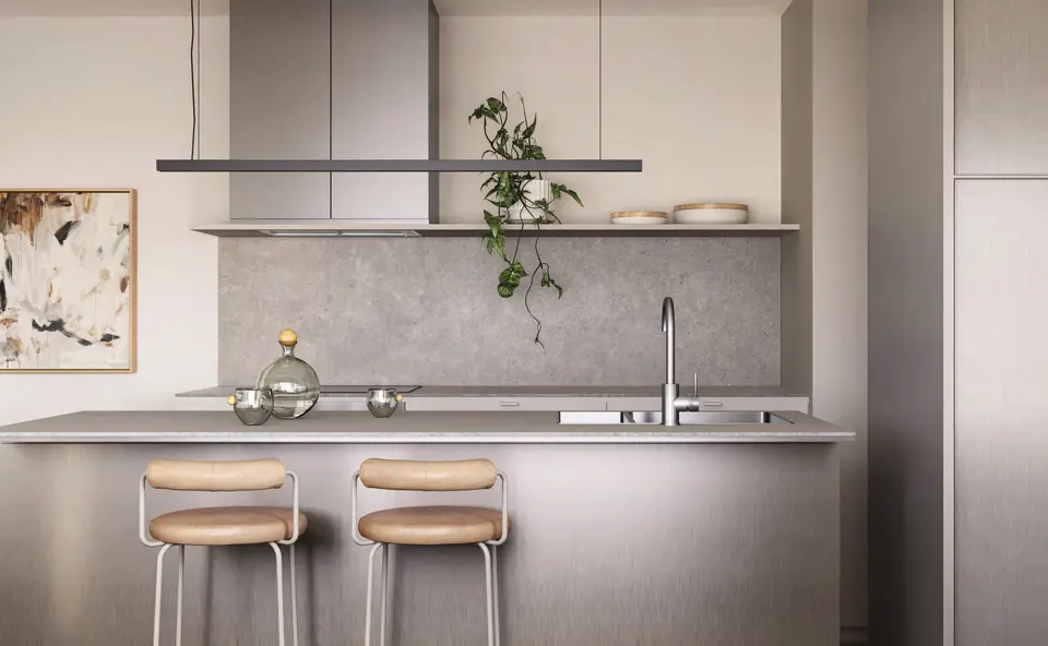 Artist impression of a Motif kitchen in the Curiosity scheme, Tuscan blonde timber and brushed metal tapware