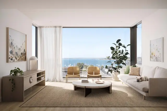 Artist impression of a two bedroom apartment living room at Motif with Corio Bay through full-height windows