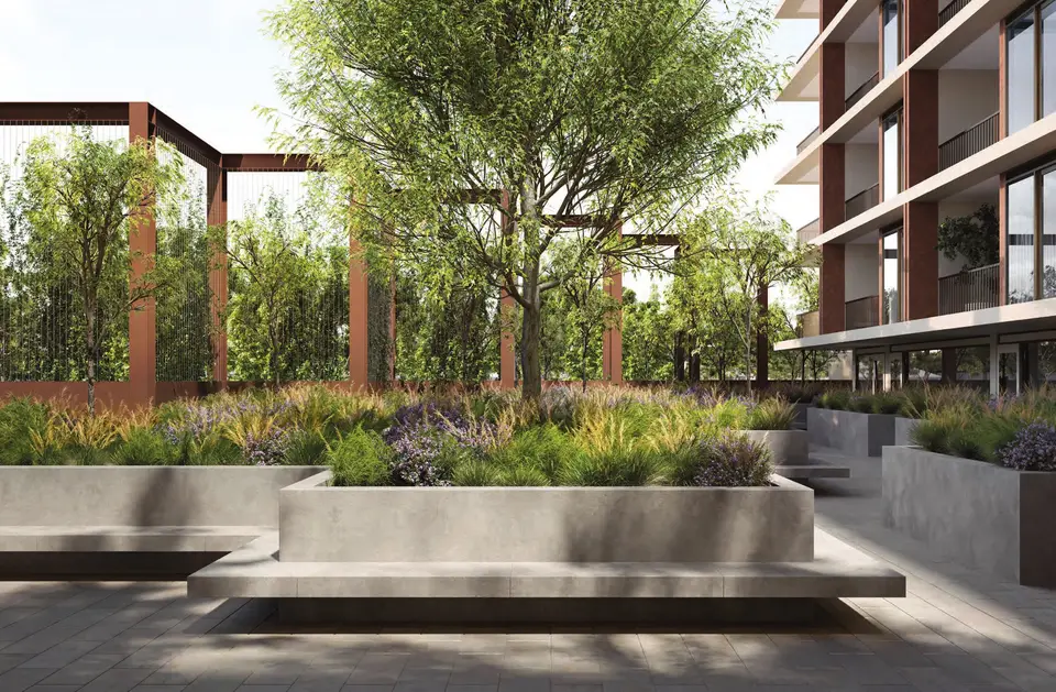 Artist impression of the Motif ground floor by ACRE, concrete benches and garden beds beneath a tree canopy